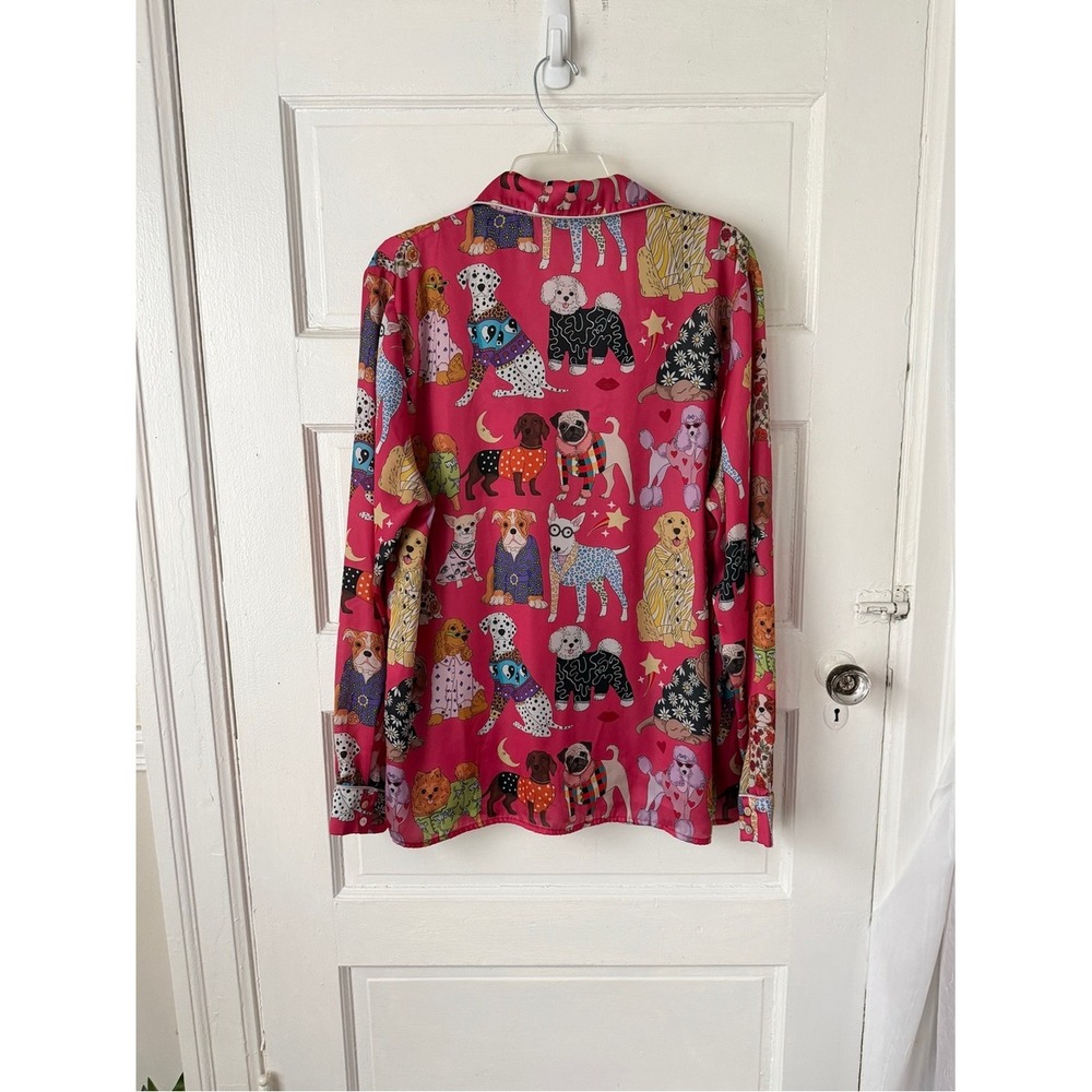 Karen Mabon Pink Dog Print Satin Long Sleeve Pajama Top Button Front XL - Picture 3 of 16